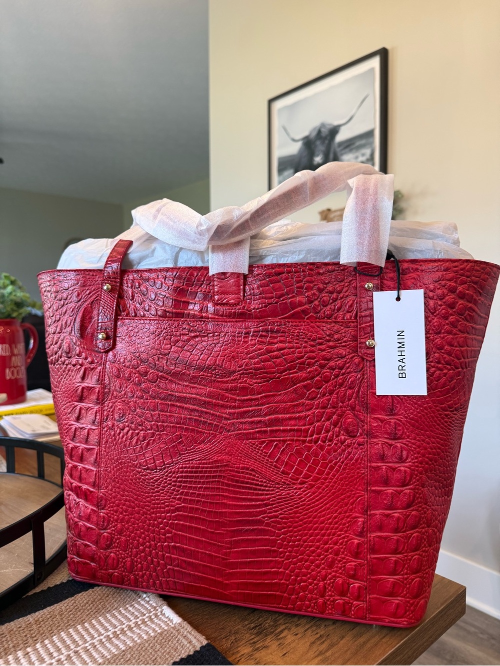 Red Croc-Embossed Brahmin Tote Bag - Designer Style - Picture 5 of 7